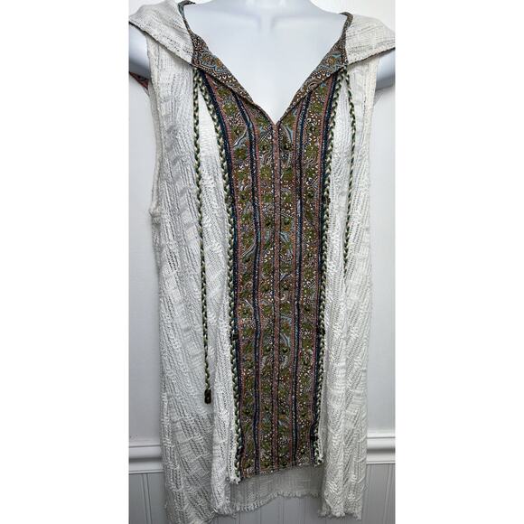 Free People Coverup Top M Hooded Crochet Sleeveless Embroidered Beaded Ivory - Picture 1 of 7